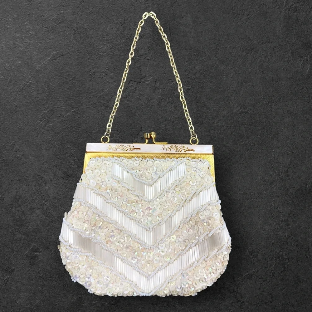 Vintage Beaded Sequin Evening Bag Purse Formal Clutch Old Money Chain Strap